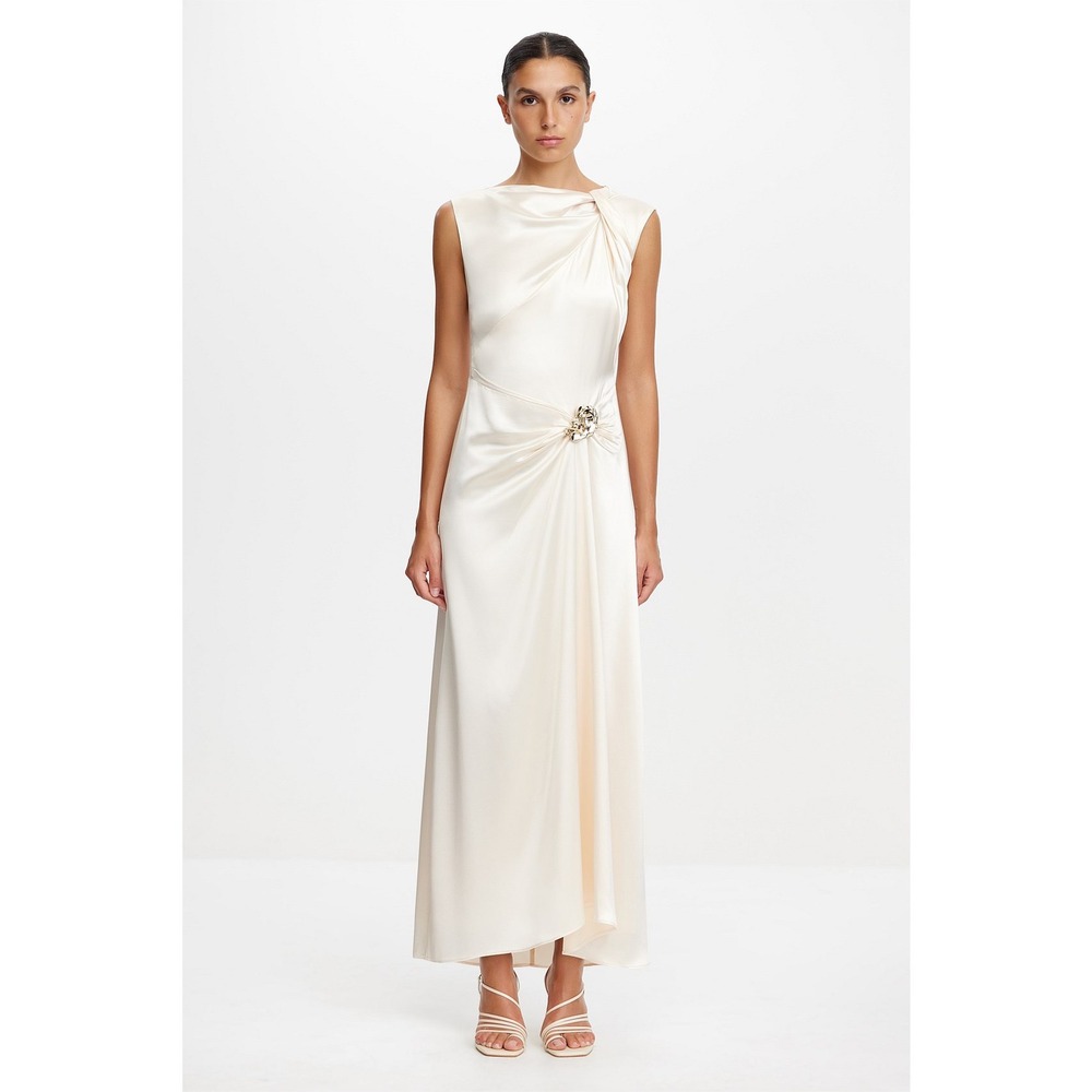 Acler Redman Maxi Dress Pearl Satin Draped Gown Gold Hardware